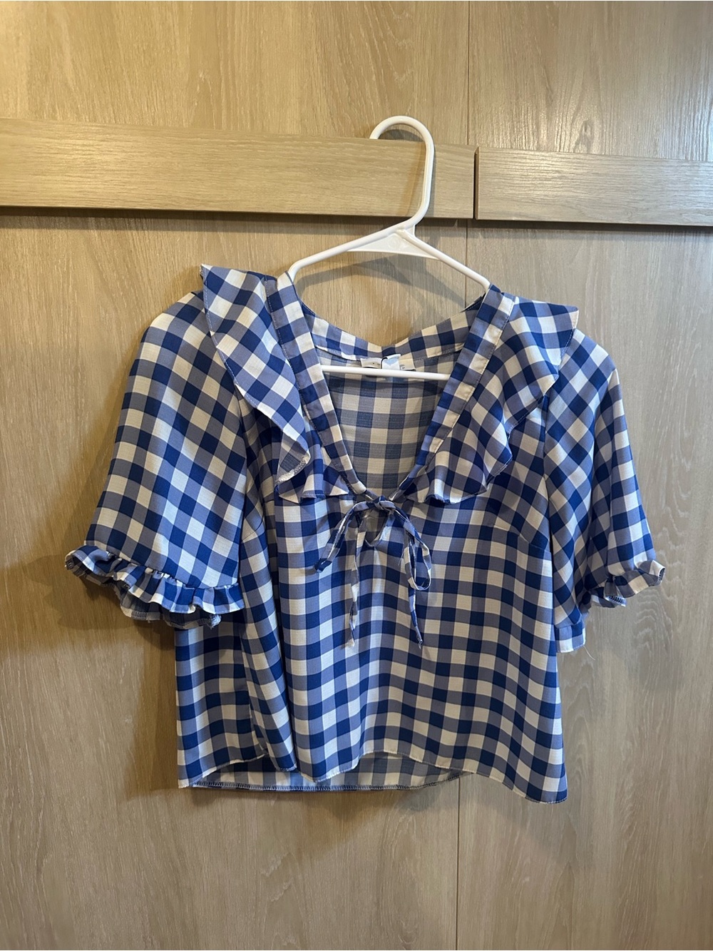 Topshop Blue and White Gingham Ruffle Tie-Front Blouse